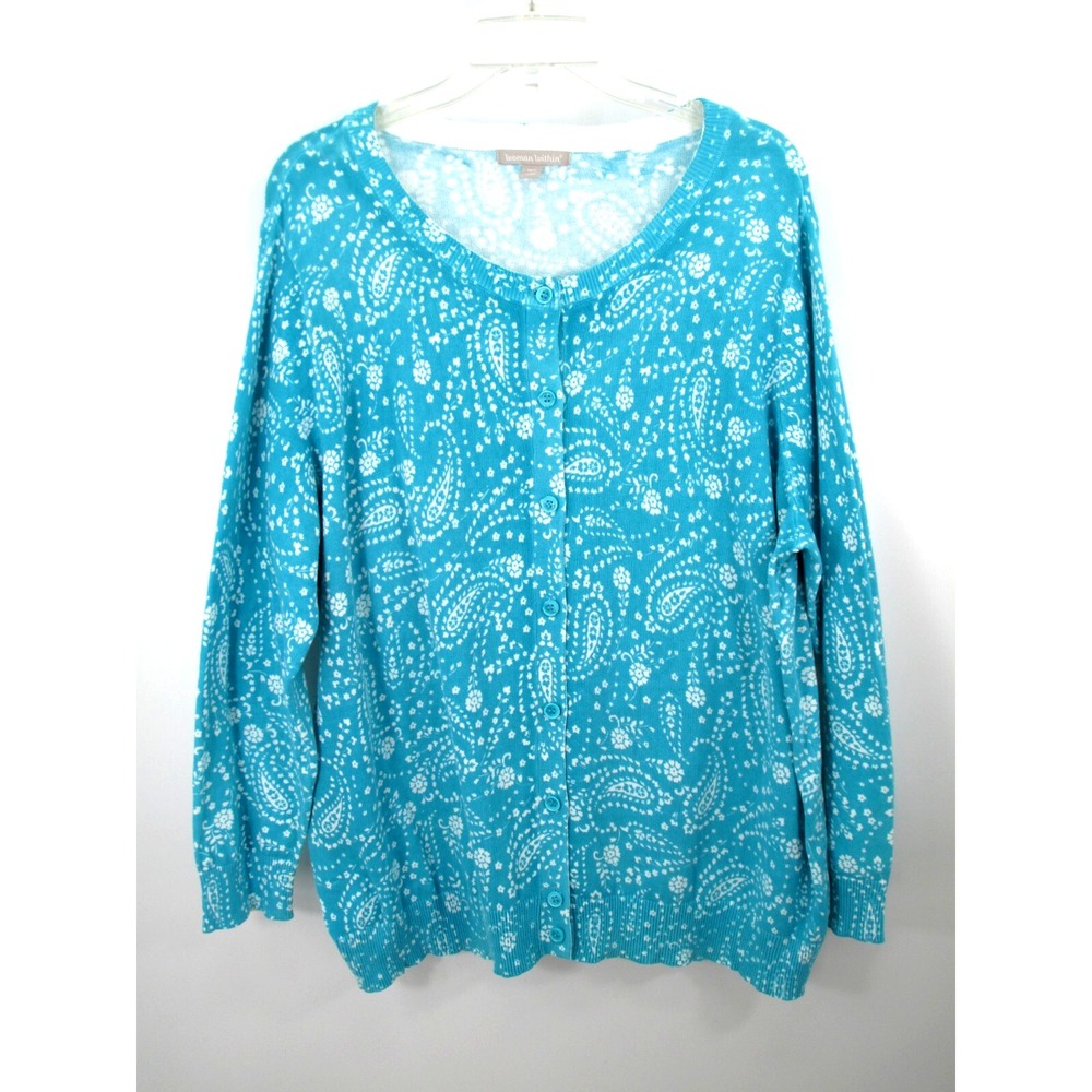 WOMAN WITHIN Cardigan Sweater Women 18/20 L Light Blue Paisley Button-Up Boho